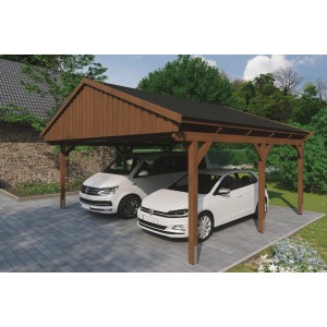 Doppelcarport Skan Holz Fichtelberg mit schwarzen Schindeln und nussbrauner Holzlasur. Zwei Autos parken darunter.
