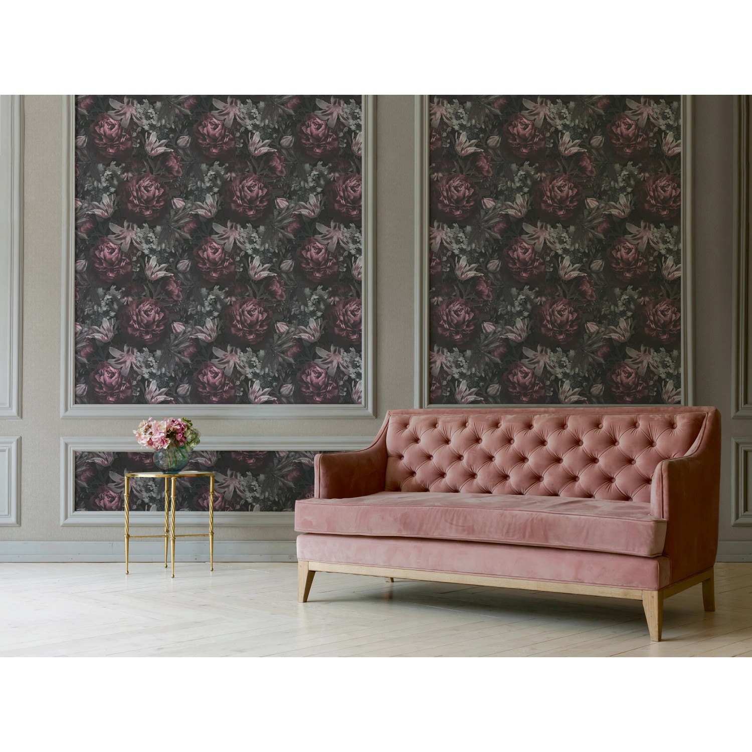 A.S. Création Vliestapete Rosen Grau-Rosa im Raum mit Sofa. Dekorative Tapete mit Blumenmuster.
