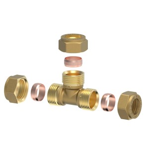 Kirchhoff T-Stück 18 mm Klemmfitting aus Messing für Kupferrohr, Einzelteile