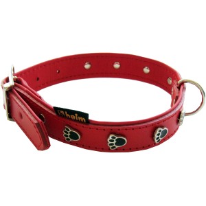Rotes Heim Hundehalsband (50 cm) mit Pfoten-Motiv und silberfarbener Schnalle.