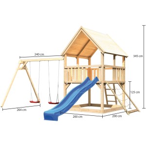 Karibu Spielturm Luis mit Doppelschaukel, blauer Rutsche und Netzrampe.