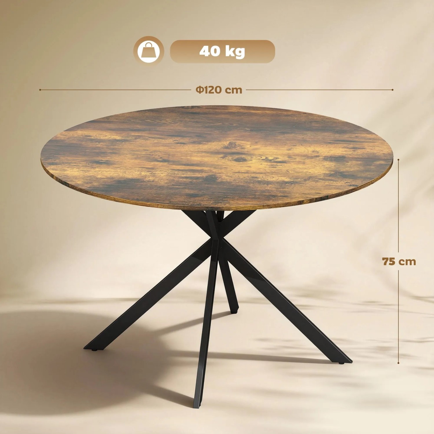 Runder HOMCOM Esstisch, rustikal-braune Holzoptik, Ø120x75 cm, schwarze Stahl-X-Beine, 40 kg Traglast.