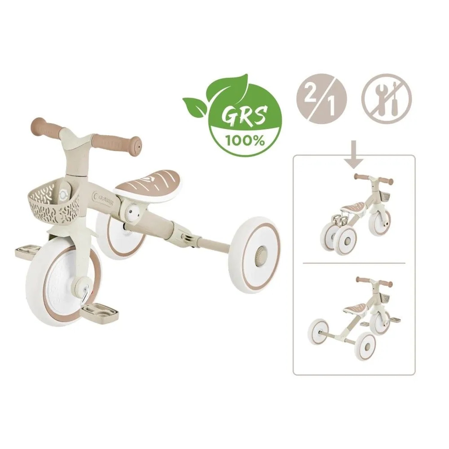 Globber Learning Trike 2in1 Plus in Taupe. Kinder Dreirad und Laufrad mit höhenverstellbarem Sitz und Korb.