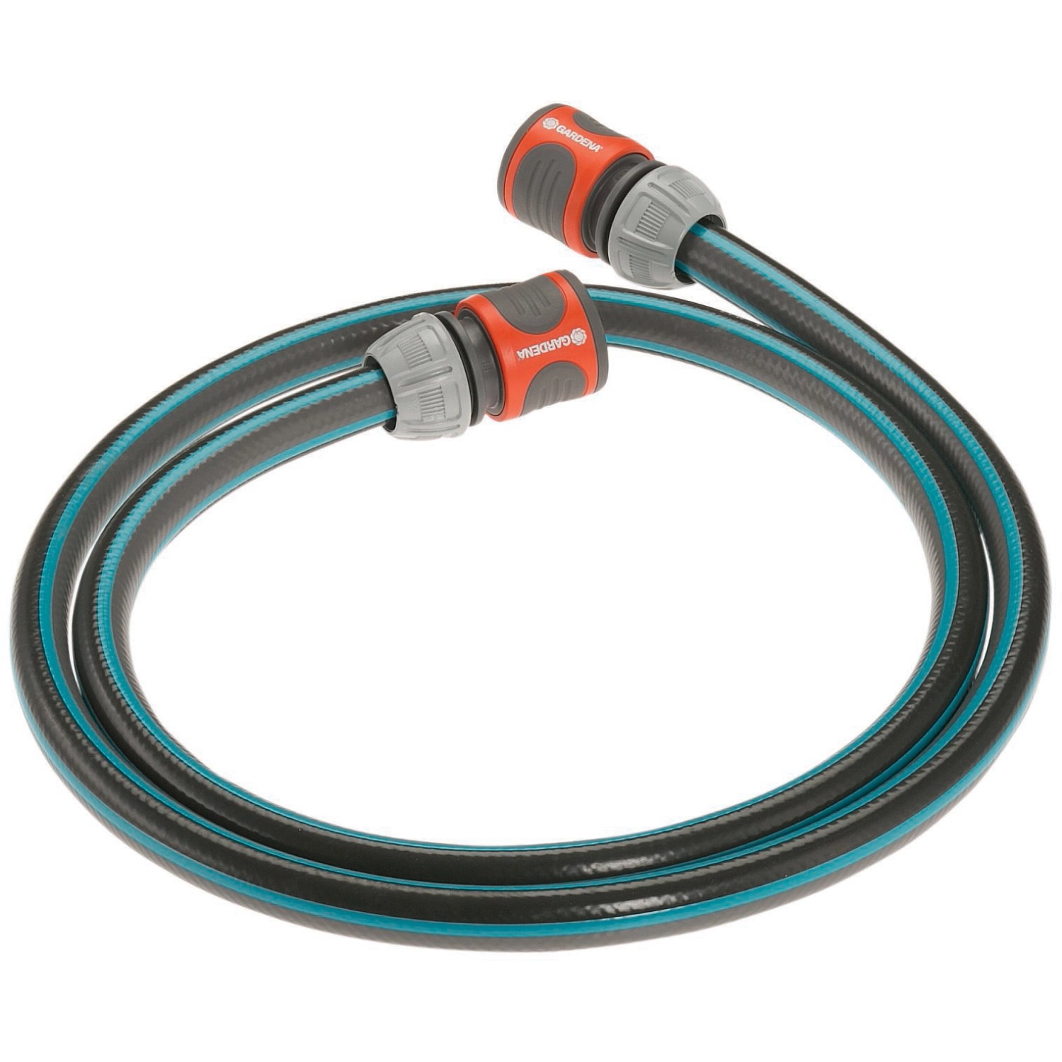 Gardena Wand-Schlauchbox RollUp S mit 15m Gartenschlauch, aufgerollt mit Anschlüssen.