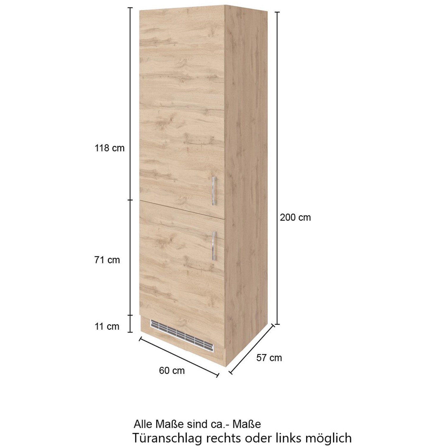 Held Möbel Kühl-Gefrierschrankumbau Sorrento, weiß-wotanei, 60x200x60 cm, Vorratsschrank mit 2 Türen.