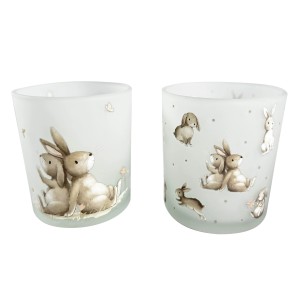 Windlicht Knuffi von Boltze, Glas, beige/weiß mit Hasenmotiven, 8,3x7x7cm. Kerzenhalter für stimmungsvolles Licht.