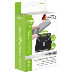 Schwaiger Powerbank LPBC0500, 5000 mAh, schwarz, mit Wireless Charging, in Produktverpackung.