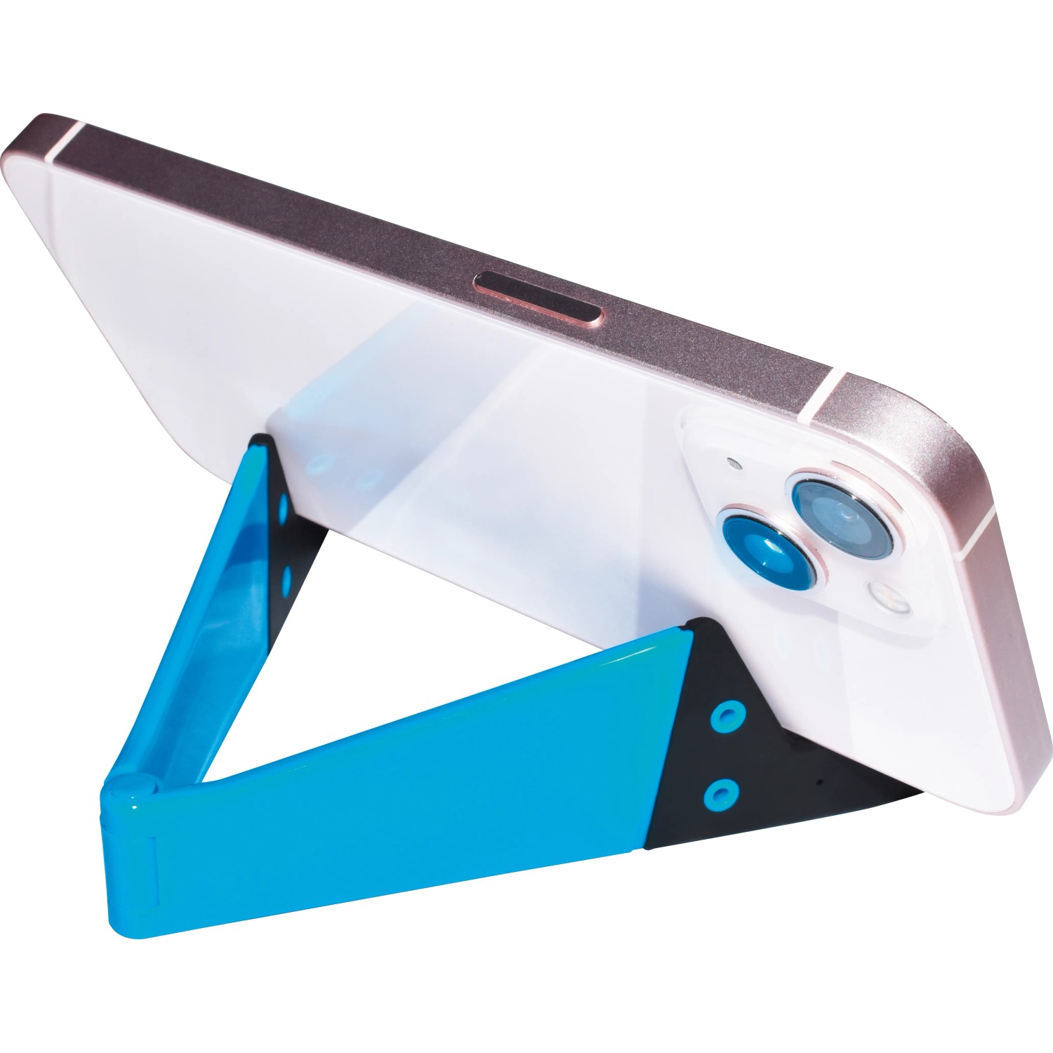 Smartphone Halter, 4-fach sortiert, blau, für Handys zum Aufstellen im Quer- und Hochformat.