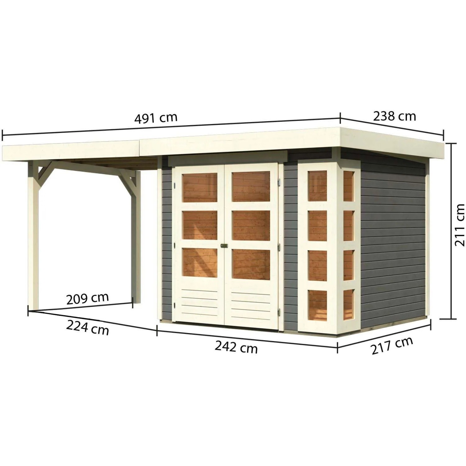 Karibu Holz-Gartenhaus Sölve, terragrau, mit Flachdach und Anbau, Maße: 238x213 cm.