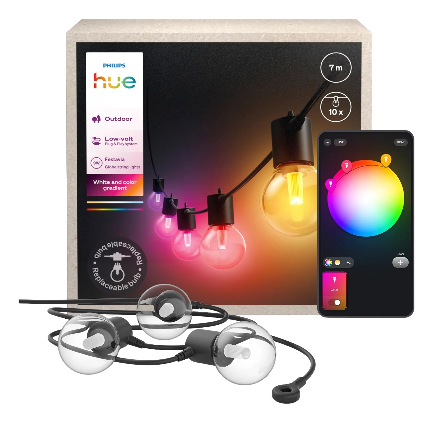 Philips Hue Festavia Globe Lichterkette (7m) für den Außenbereich, mit farbigen LED-Lampen und App-Steuerung.
