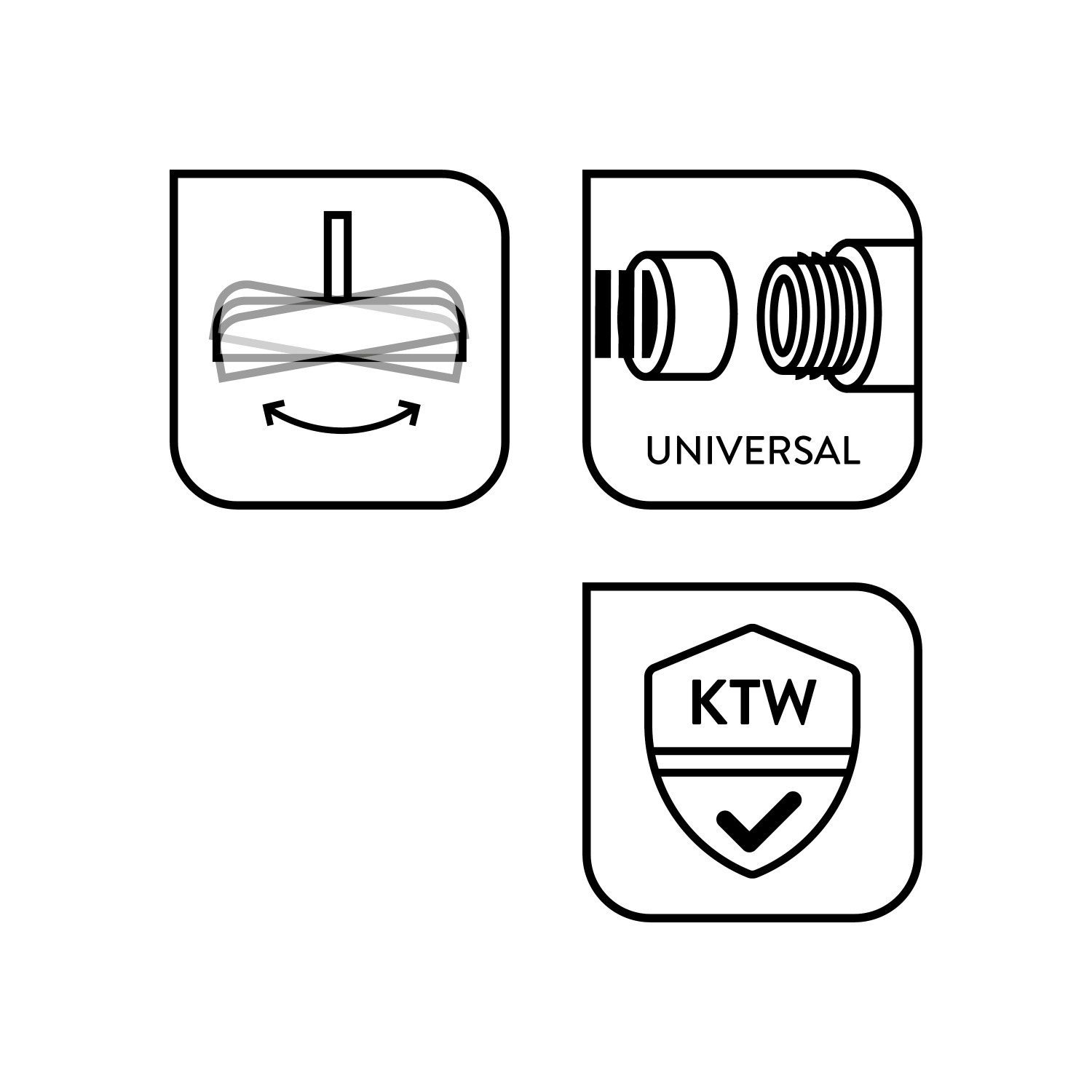 Icons zur baliv Kopfbrause KBR-20.40 Edelstahl: Strahlarten, Universal-Anschluss, KTW-Zertifizierung.