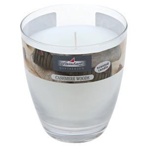 Steinhart Duftkerze im weißen Glas, 10,7x9,2cm. Stumpenkerze mit Cashmere Woods Duft.