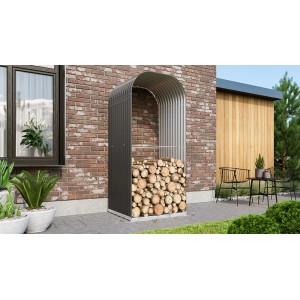 Vitavia Kaminholzregal Ardor 858 hoch Granit, gefüllt mit Holzscheiten.