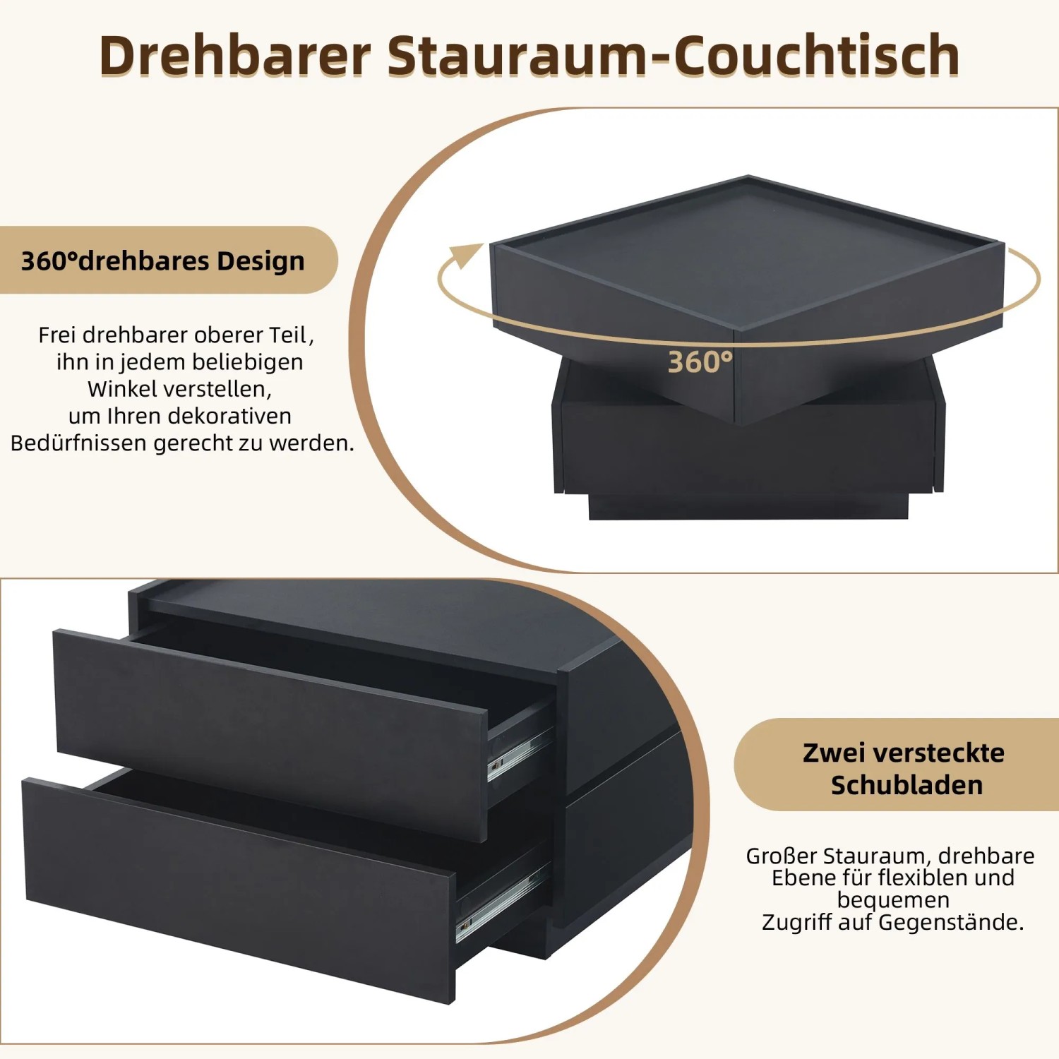 okwish Couchtisch mit Drehfunktion Stauraum Wohnzimmer 60x60x38cm Schwarz_6