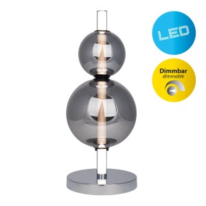 Dimmbare LED-Tischleuchte Nova in Chrom mit Rauchglas-Kugeln, 44cm hoch.