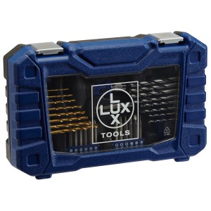 LUX Bohrer- und Bit-Set, 66-teilig, in blauer Aufbewahrungsbox mit transparentem Deckel.