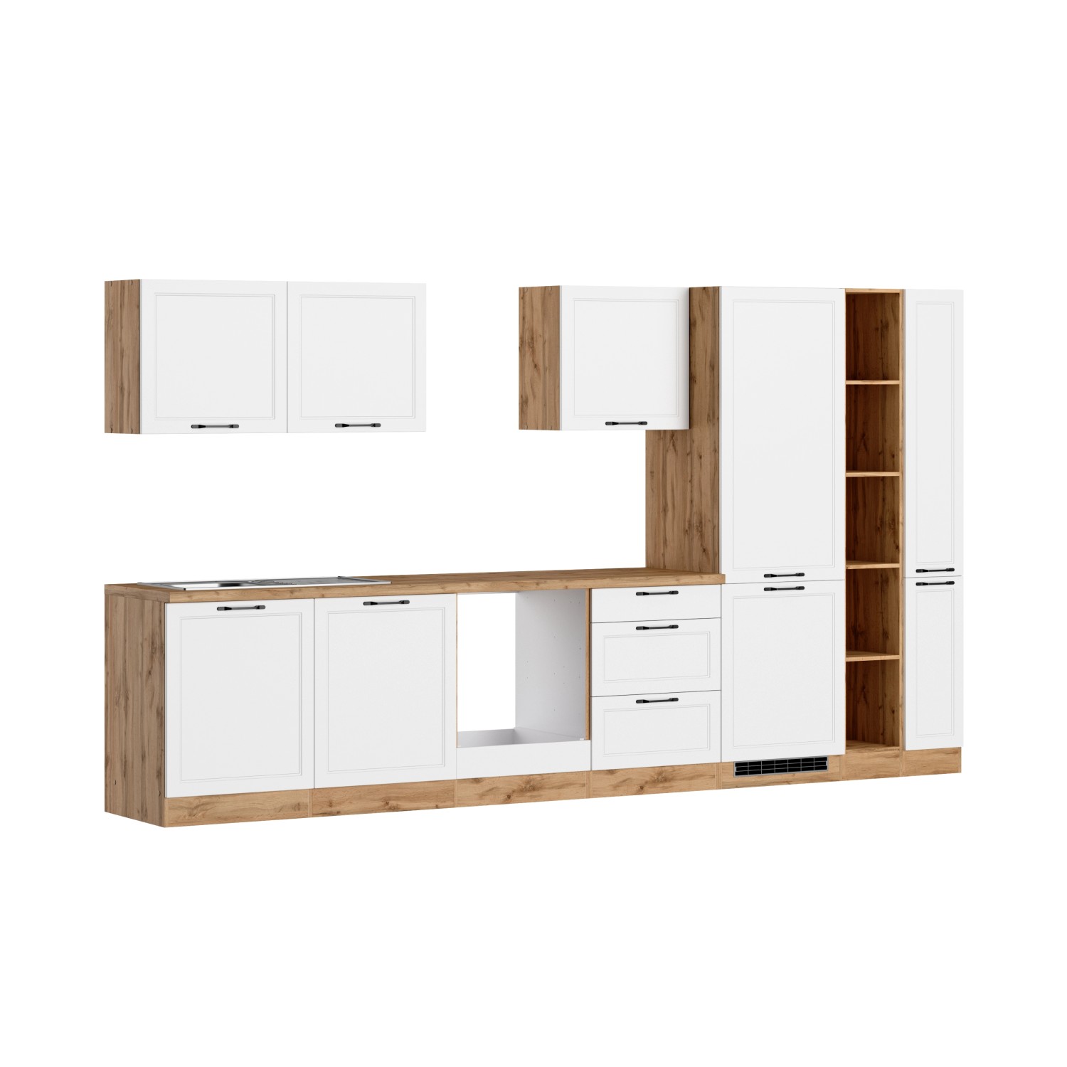 Küchenzeile Kempten 360 cm in Wotan Eiche/Weiß ohne E-Geräte. Moderne Einbauküche mit Hänge- und Unterschränken.