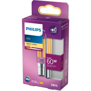 Philips LED-Lampe B15d, warmweiß, 806 lm, Energieeffizienzklasse E, Höhe 8,8 cm im Karton.