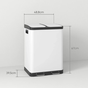 Weißer HOMCOM Duo-Mülleimer, 48,8x39,5x67 cm, mit zwei Fächern, Pedalöffnung, Soft-Close-Deckel.