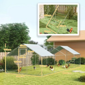 PawHut Hühnerstall Freilaufgehege aus verzinktem Stahl, grünem Dach, 300x800x195 cm, mit Hühnern im Garten.