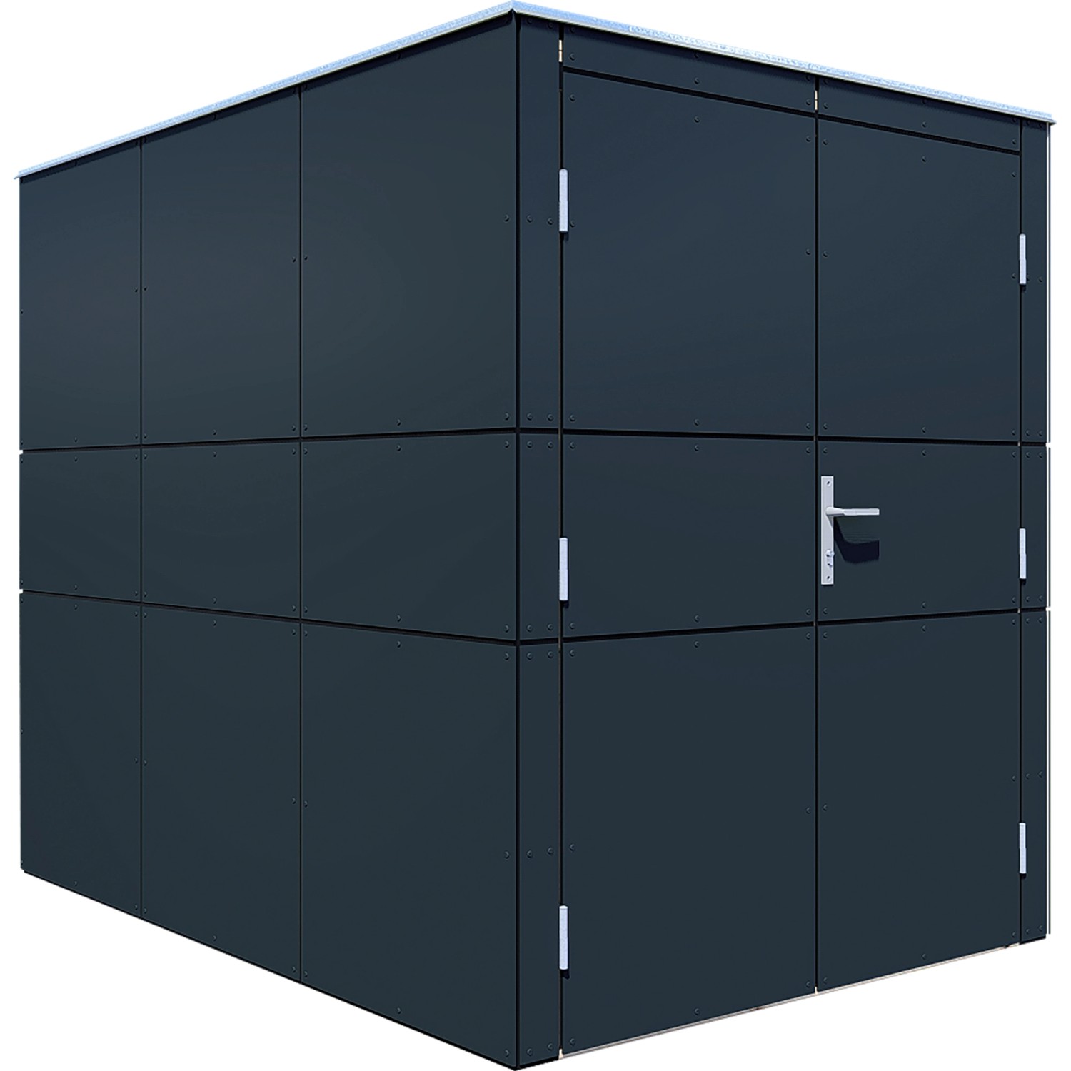 Modernes Bertilo Gartenhaus HPL Bike Port, 155x229 cm, Anthrazit. Holz-Gartenhaus mit Tür und silbernem Türgriff.