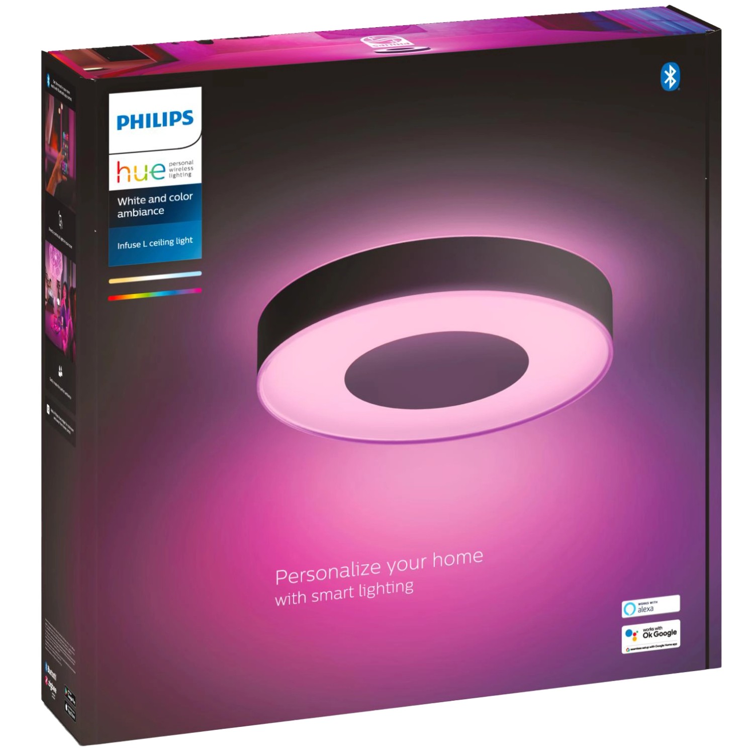 Verpackung der schwarzen Philips Hue Infuse L Deckenleuchte mit Farbwiedergabe.