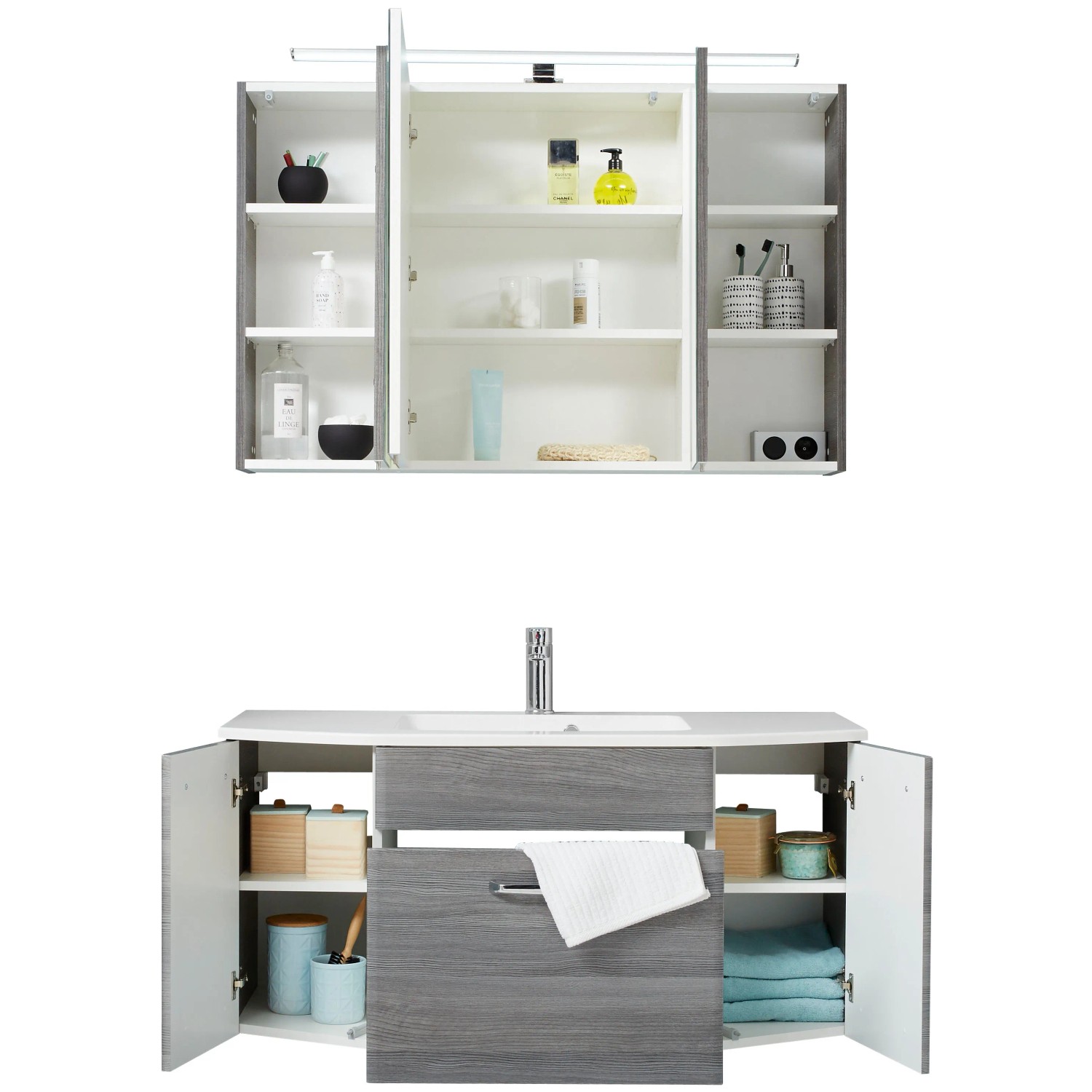 Pelipal Badmöbel-Set Zoey Graphit, 112 cm, 3-teilig mit Waschbecken, Unterschrank und Spiegelschrank.