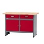 Küpper Werkbank-Set, 1,20 m, dunkelrot, mit Buchenplatte, Schubladen und Schrankfächern.