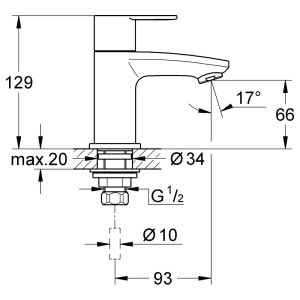 Technische Zeichnung: Grohe Eurostyle C Kaltwasser-Standventil XS-Size, Chrom, Maße und Anschlüsse.