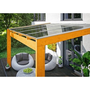 Skan Holz Terrassenüberdachung Novara, 450x259 cm, Eiche hell, mit klarer Polycarbonat-Dacheindeckung.
