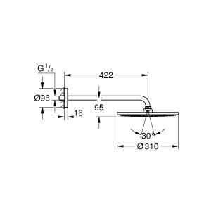 Technische Zeichnung Grohe Rainshower Cosmopolitan 310 Kopfbrause mit Brausearm (422mm), Maße und Details.