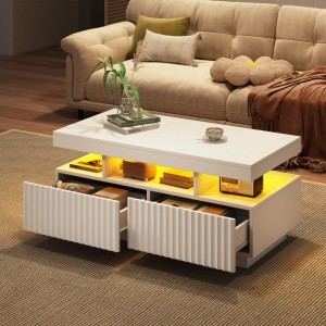 okwish Couchtisch mit LED Schubladen Streifen Design 100x50x45cm Hochglanz Weiß