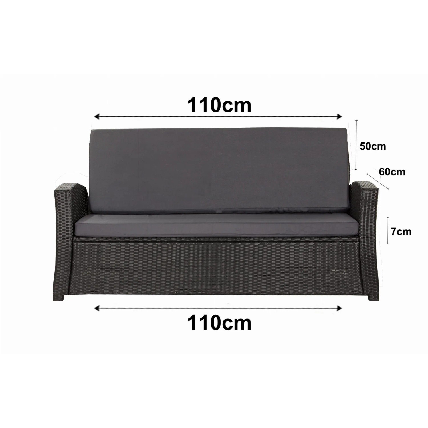 Anthrazitfarbenes Gartenkissen-Set für 2-Sitzer Polyrattan-Gartensofa, 110x60x50 cm.