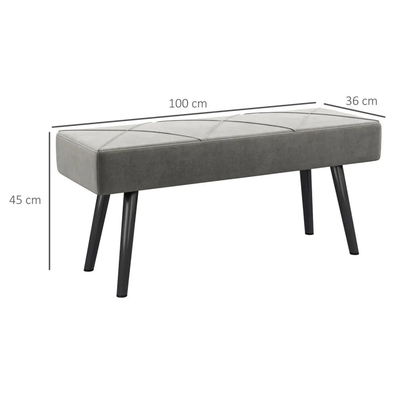Graue Polsterbank in Samtoptik mit X-Muster und schwarzen Stahlbeinen. Maße: 100x36x45 cm.