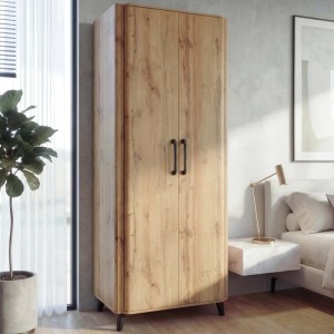 MCW Hochschrank P42 in Wotan-Eiche-Optik mit 2 Türen und schwarzen Griffen. Moderner Garderobenschrank für Stauraum.