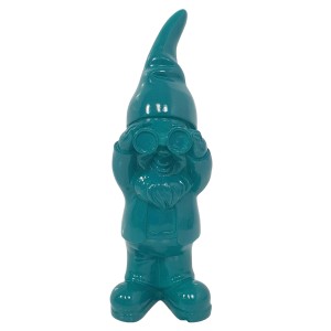 Türkisfarbene Deko-Figur: Zwerg mit Fernglas, 38 cm hoch, für die Gartendekoration.