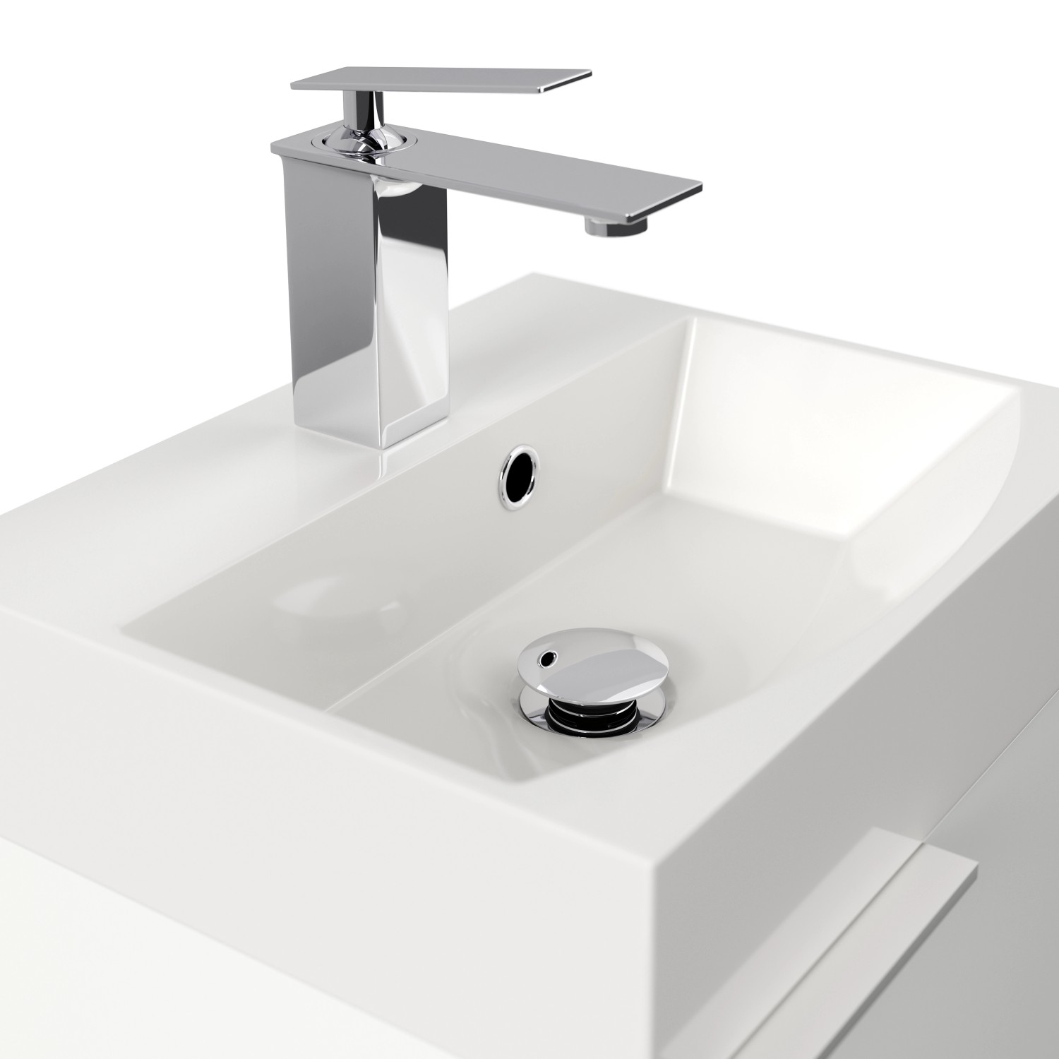 Posseik Cubi Slimline Badmöbel, 40 cm, Weiß Hochglanz, Detailaufnahme Waschbecken mit Armatur.