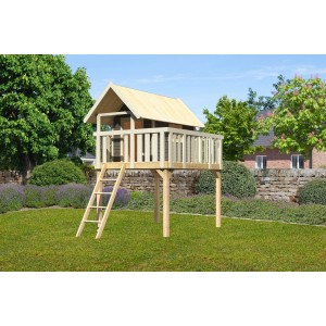 Karibu Stelzenhaus Fidel in Terragrau mit Leiter im Garten.