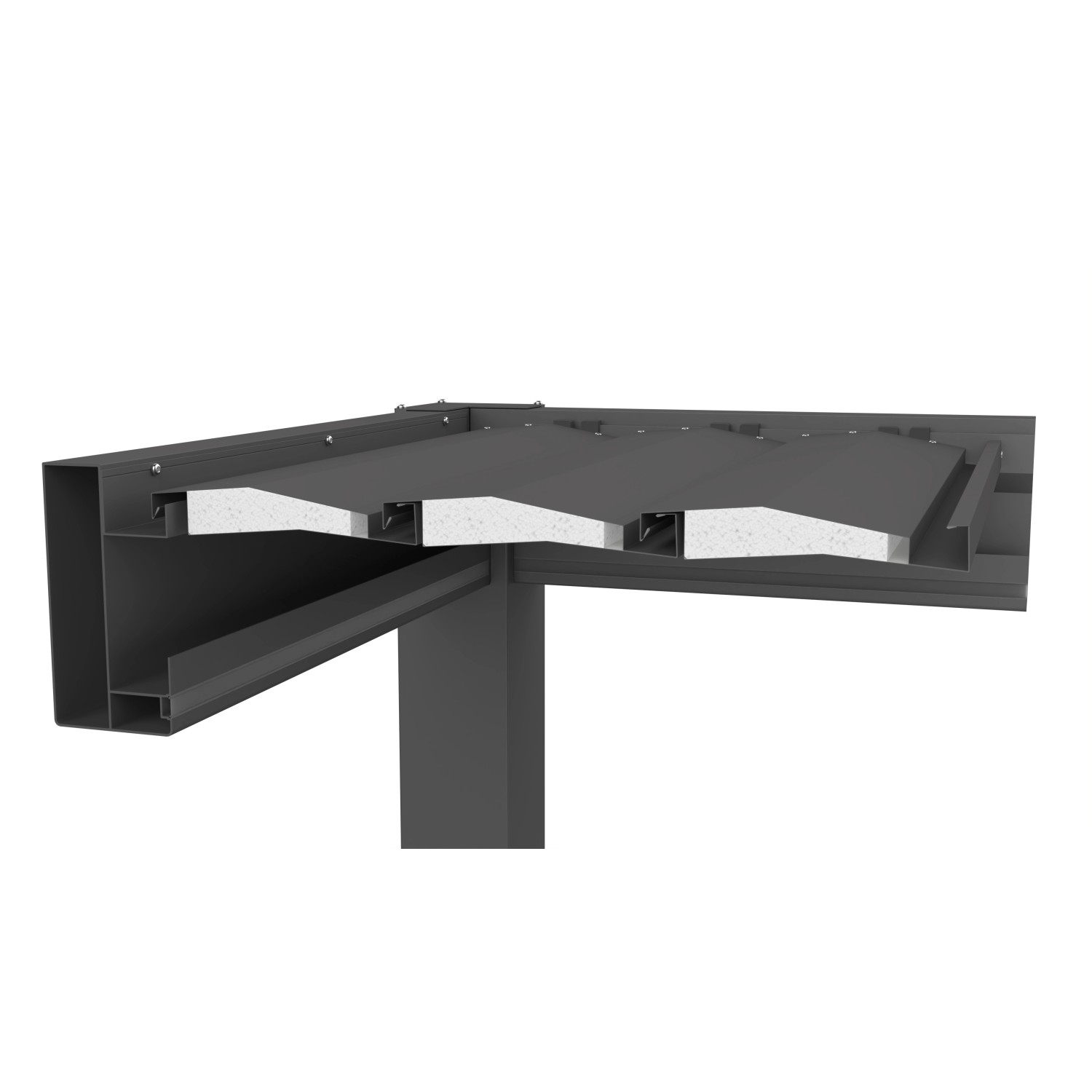 Detailansicht der Biohort Pergola in Dunkelgrau-Metallic, zeigt die Lamellen-Konstruktion der Terrassenüberdachung.