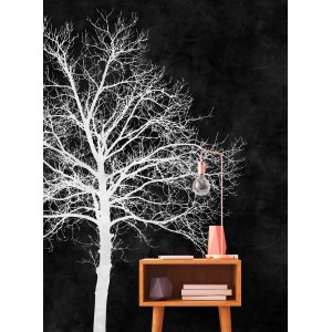 Fototapete Baum Wald Blackboard schwarz-weiß, 4,00x2,70m, mit Nachttisch und Lampe.