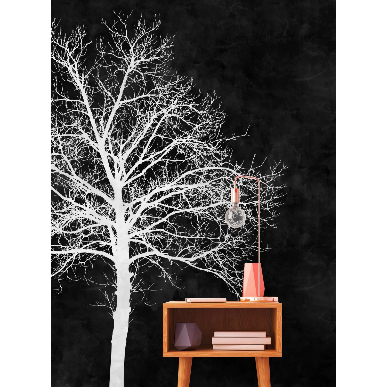 Fototapete Baum Wald Blackboard schwarz-weiß, 4,00x2,70m, mit Nachttisch und Lampe.