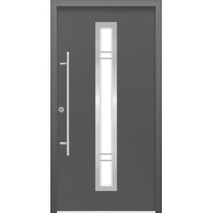 Anthrazitfarbene Sicherheits-Haustür mit Glaseinsatz, Edelstahlgriff und Linksanschlag.