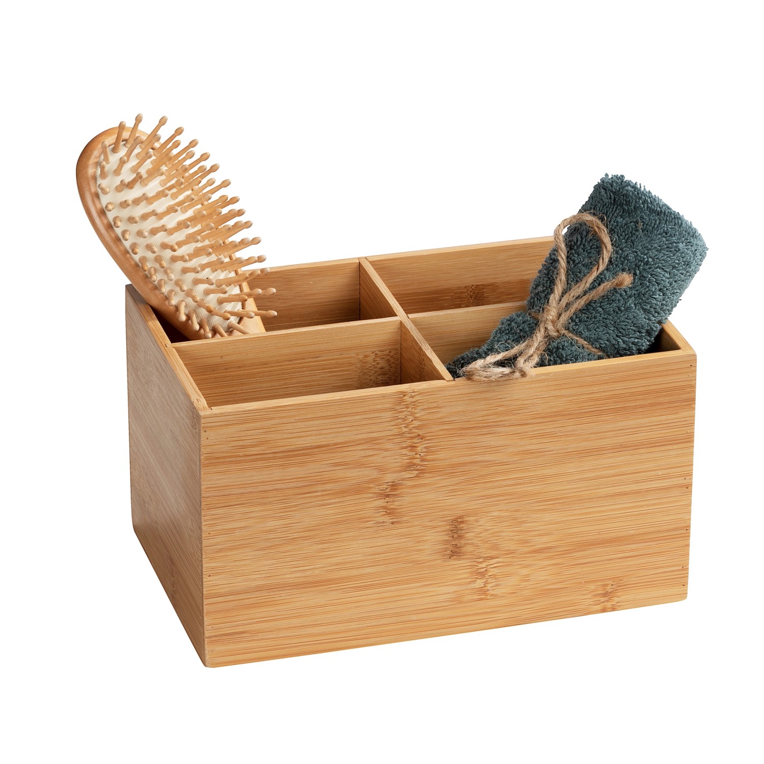 Wenko Bambus Box Terra mit 4 Fächern, braune Aufbewahrungsbox aus Bambus für Bad und Haushalt.
