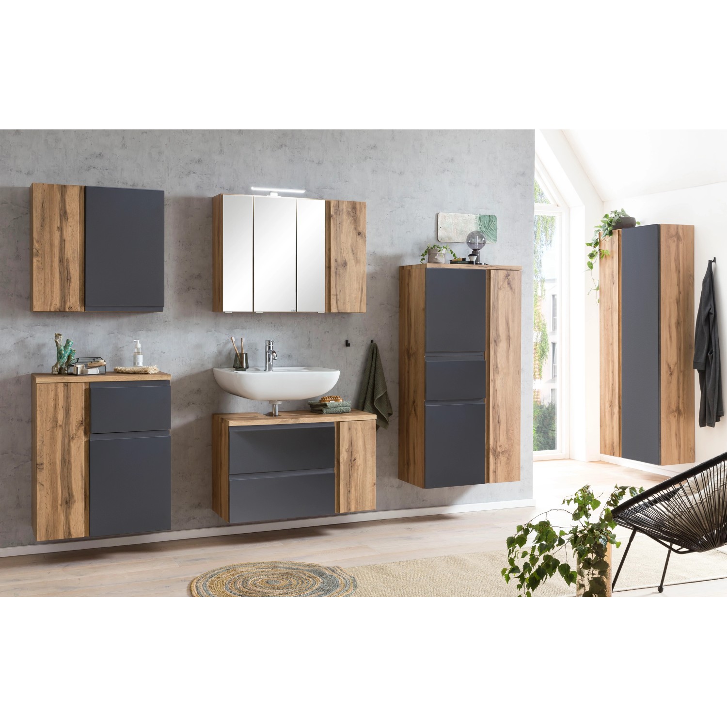 Held Möbel Hängeschrank Ancona, 65 cm, matt Grau-Wotaneiche, Teil eines Badmöbel-Sets.