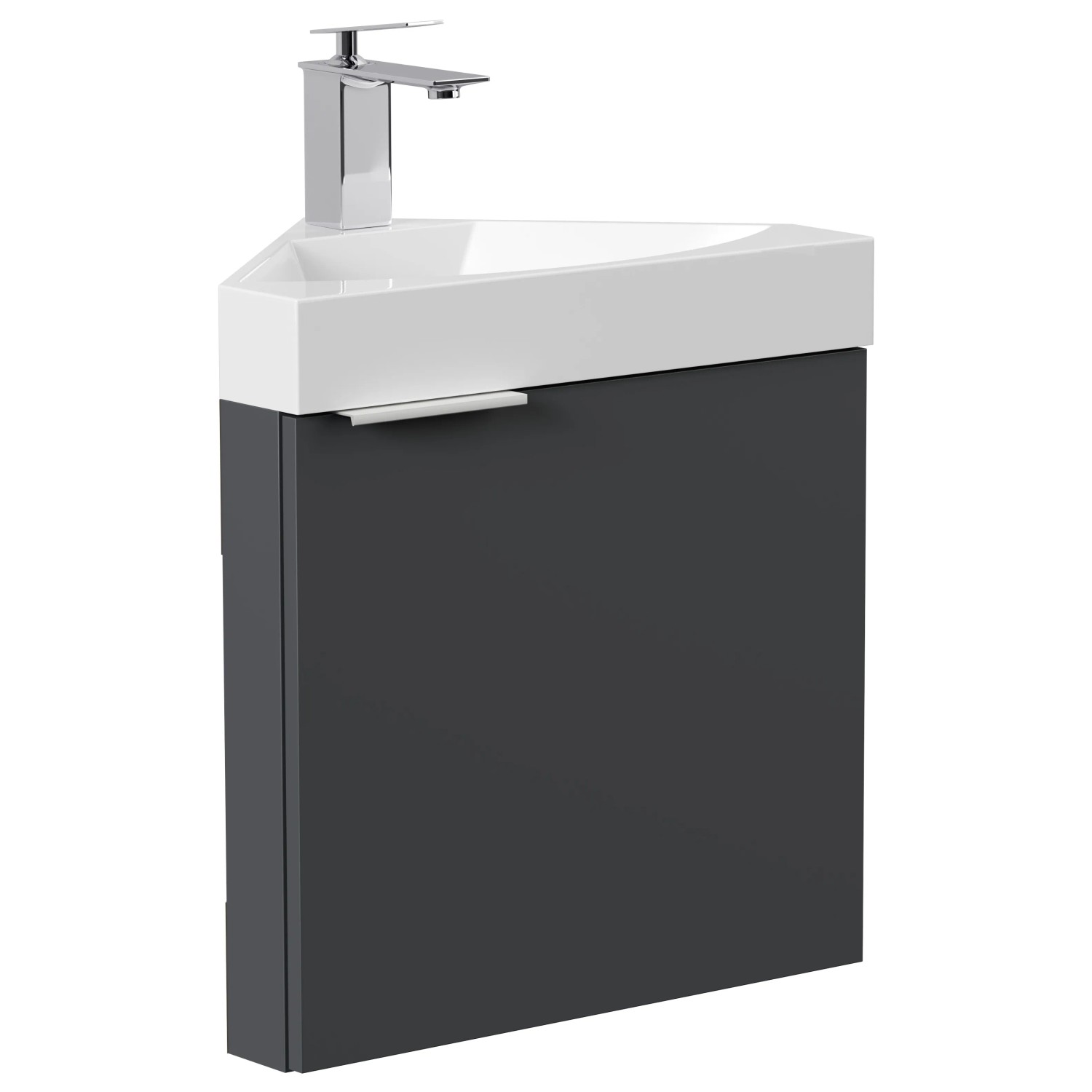 Posseik Eckbadmöbel Delta Slimline, Grafit, mit Waschbecken und Armatur. Ideal für kleine Bäder.