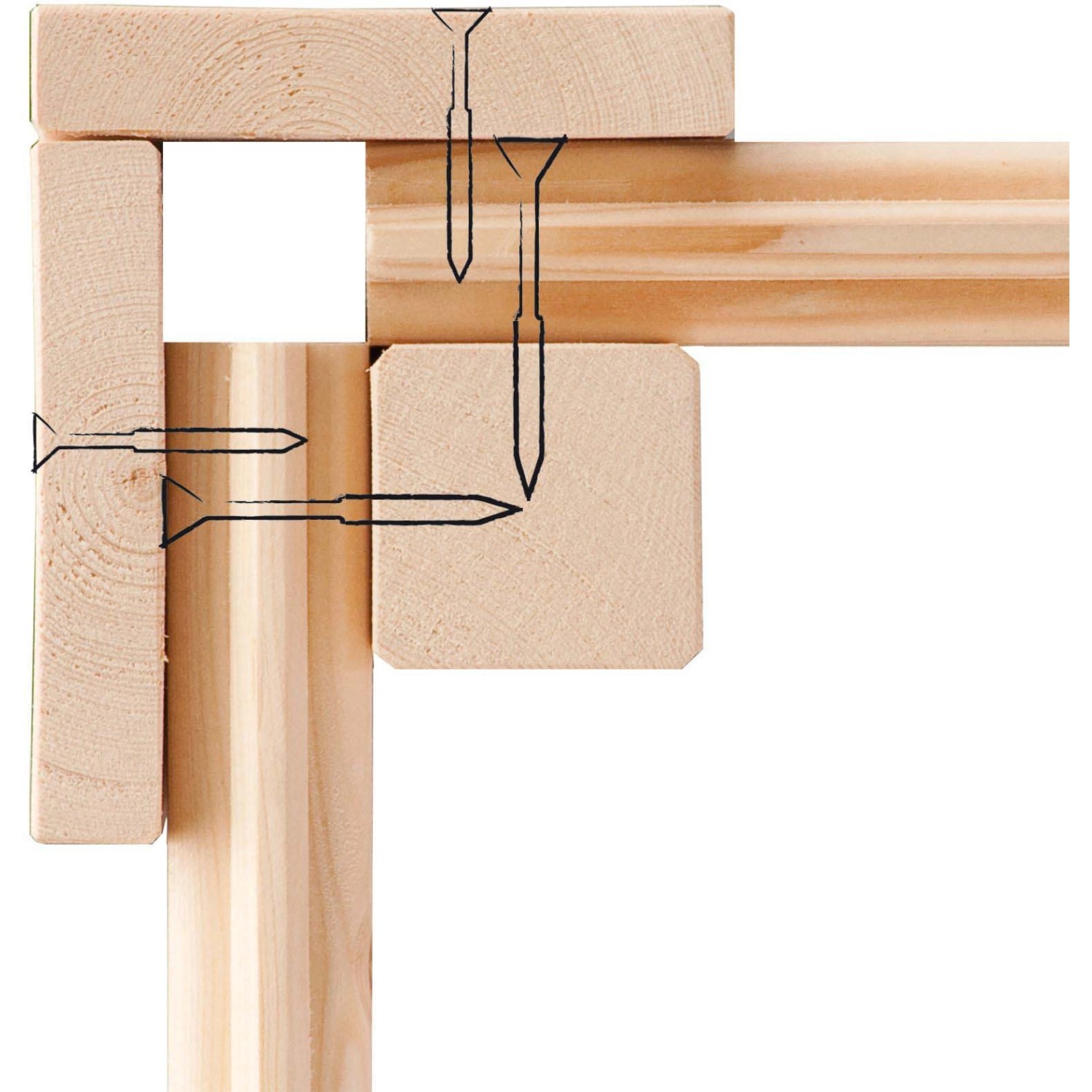 Detailaufnahme der Eckverbindung eines Karibu Holz-Gartenhauses mit Schrauben.
