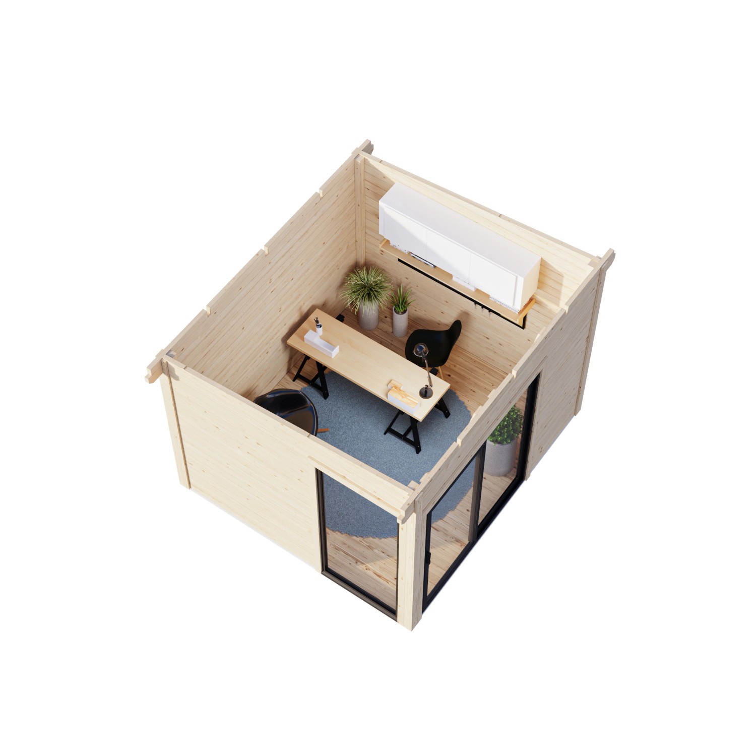 Palmako Gartenhaus Andrea Slide Plus, 296x270 cm, naturbelassen, mit Schiebetür und Büroausstattung.