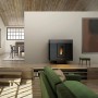 Freepoint Pelletofen Moon Titan 10 kW im modernen Wohnraum mit grüner Couch.