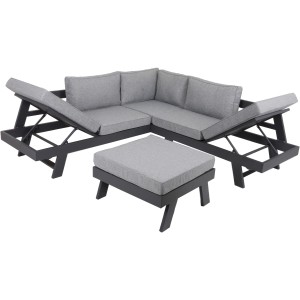 Graues 3-teiliges Garden Pleasure Lounge-Set Donna mit verstellbaren Elementen und hellgrauen Kissen.