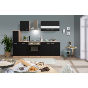 Respekta Küchenzeile KB240ESS, 240 cm, Schwarz und Eiche Dekor mit Elektrogeräten.